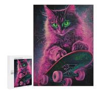 Puzzle for Teenagers 500 PCS Neon Skateboarding Cat Art Print-8 Jigsaw Puzzles for Adults Pattern Assembly Fun Activities at Home Challenging Game Toys 500 PCS