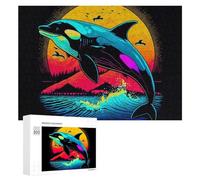 Puzzle for Teenagerss 300 PCS Neon Orca Sunset Wave Art Print Puzzles for Adults Family Games For Family Fun Deal As Gifts for The Whole Family 300 PCS