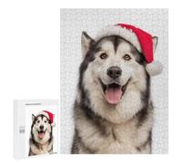 Puzzle for Teenagerss 500 PCS Festive Alaskan Malamute with Santa Hat Puzzles for Adults Brain Teaser Game Home Decoration Stress Reduction Gifts 500 PCS