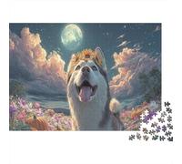 Puzzle Husky with Sunflower Crown Under Moon Jigsaw - 1000 Pieces Scenery Educational Games Adults Home Decor 70x50cm/1000pcs Great Gift Adults