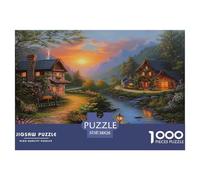 Puzzle Idyllic Village Mountain Sunset 1000 Piece Challenge Toy for Adults,Riverside Cottage Landscape Impossible Jigsaw Puzzles 1000 Pieces Educational Game Home Decoration 38x26cm/1000pcs
