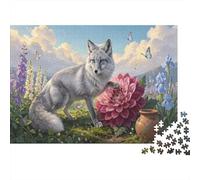 Puzzle Jigsaw for Adults 1000 Pieces, Arctic Fox with Pink Dahlia, Wildlife, Impossible Hard Difficult Challenging, Home Decoration, Gift Men Women 38x26cm/1000pcs