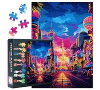 Puzzle & Jigsaw Puzzles 1000 Pieces for Adults - Retro Las Vegas Nevada Skyline, Vibrant Neon Night Cityscape Art with Vintage Casino Lights, Premium Puzzle Board(27.5x19.7 Inch)