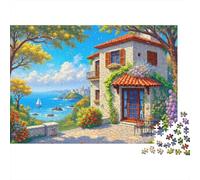 Puzzle Mediterranean House by The Sea Jigsaw for Adults 1000 Piece, Scenery, Challenging for The Whole Family & Women, Gifts for Men 38x26cm/1000pcs