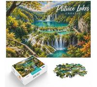 Puzzle Plitvice Lakes Croatia Travel Poster 1000pcs (70x50cm) for Adults | For Christmas holidays spent indoors, this adult jigsaw puzzle with 1000 pieces offers for the Christmas break.
