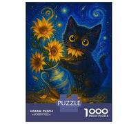 Puzzle Pour Adolescents 1000 Pièces Van Gogh Starry Night Black Cat with Sunflowers Puzzle Pour Adultes Jouet Décoration Murale Course De Vitesse Manuelle Défi Éducatif 52x38cm/1000pcs