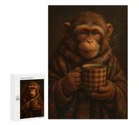 Puzzle Time - Cozy Monkey with Coffee, 300 PCS, Wooden Picture Puzzle for Grown-Ups, New Year Gift - for A Rewarding Weekend Challenge
