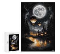 Puzzle Time - Enchanted Moonlit Flight - Vintage Hot Air Balloons Over A Dreamy Village, 300 PCS, Decorative Jigsaw for Grown-Ups, Seasonal Home Décor; for Couples, Friends And Family