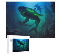 Puzzle Time - Glowing Shark in Deep Blue Waters, 500 PCS, Displayable Picture Puzzle, Seasonal Home Décor, with A Decorative Finished Picture