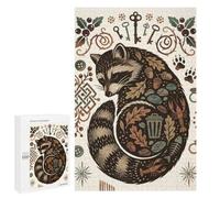 Puzzle Time - Raccoon with Nature Elements, 1000 PCS, Wooden Art Puzzle, New Year Decoration, for Relaxing Solo Or Group Play