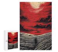 Puzzle Time - Red Sky, Lonely Figure, Field, 1000 PCS, Displayable Picture Puzzle, Year-End Present, for Mindful Indoor Entertainment