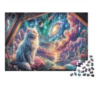 Puzzle White Cat Gazing at Galaxy Jigsaw Adults 1000 Pieces, Pet, Educational Games, Home Decoration 38x26cm/1000pcs