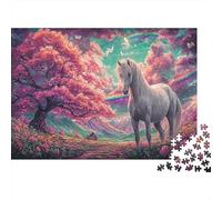 Puzzle White Horse by Cherry Blossom Tree for Adults 1000 Piece, Wildlife Jigsaw Gifts Men Women Educational Games 70x50cm/1000pcs
