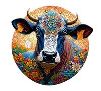 Puzzle - Wooden Animal Jigsaw Puzzle | Irregular Shaped Bull Head Puzzles | Painted Floral Abstract Cow Theme Round Wood - Unique Art Pieces For Family Entertainment Home Decor Collection