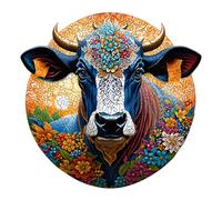 Puzzle - Wooden Animal Jigsaw Puzzle | Irregular Shaped Bull Head Puzzles | Painted Floral Abstract Cow Theme Round Wood - Unique Art Pieces For Family Entertainment Home Decor Collection