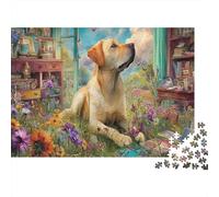 Puzzle Yellow Labrador Retriever Lying in Flower Garden Adults 1000 Pieces Pet Jigsaw Beautiful Decoration Educational Games 52x38cm/1000pcs