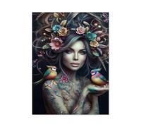 Puzzles 1000 Piece,Portrait of a woman with grey multicoloured organic hair jewellery and paradise birds on her hand,Paper Puzzle Jigsaw Puzzle Artwork Intellective Educational Toys (38x26cm)-AG66