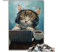 Puzzles 1000 Pieces for Adults Cat Listening to Music Wooden Jigsaw Puzzles for Adults Perfect Christmas & New Year Gift, (Size 50x75cm)