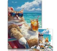 Puzzles 1000 Pieces for Adults Cat on Vacation 1000 Pieces for Teenagers,Quiz Game Wall Decoration Unique Birthday And Xmas Gifts 38x26cm