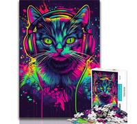 Puzzles 1000 Pieces for Adults Cat Wearing Headphones,Help The Brain Exercise Addictive Toys to Cultivate Patience Artists Collection,Fine Art (38x26cm)