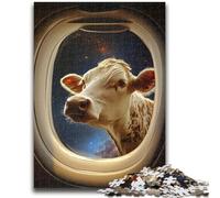Puzzles 1000 Pieces for Adults Cow Outside The Plane Window Jigsaw,Challenging Game Toys Wall Decoration Unique Birthday And Xmas Gifts (75x50cm)
