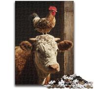 Puzzles 1000 Pieces for Adults Cow's Head with Cock 1000 Pieces for Teenagers,with Matching Poster And Trivia Sheet for Ages 14+ (50x75cm)