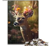 Puzzles 1000 Pieces for Adults Cute Deer Flower Made of Wood, Making It A Great Gift for Family Fun 50x75cm for Home Decor, Brain Training