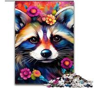 Puzzles 1000 Pieces for Adults Raccoon Wearing Flowers Made of Wood, Making It A Great Gift for Family Fun 50x75cm for Holidays, Birthdays, And Family Game Nights