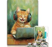 Puzzles 1000 Pieces for Teenagers Cat Listening to Music,Help The Brain Exercise Addictive Toys to Cultivate Patience Perfect Decoration 75x50cm