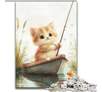Puzzles 1000 Pieces for Teenagers Fishing Cat, Challenging Difficult with Fully Interlocking Randomly Shaped Pieces (Size 26x38cm)