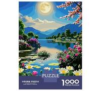 Puzzles 1000 Pièces Pour Adolescents Floral Lake Landscape with Moon Puzzle Jouet Décoration Murale Vacances À La Maison Cadeaux Pour Les Amis Et La Famille 70x50cm/1000pcs