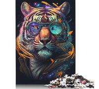 Puzzles 500 Pieces Cosmic Tiger with Glasses Jigsaw Puzzle Decompression Toy Wooden Jigsaws Adult Birthday Gifts 500pcs (52x38cm)