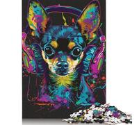Puzzles 500 Pieces for Adults Chihuahua DJ NeonJigsaw Puzzles Family Intellectual Art Puzzles Game Toy Gift for 500pcs (52x38cm)