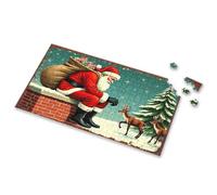 Puzzles 500 Pieces For Adults Santa Claus Rests On Chimney With Reindeer In Snowy Night Picture Puzzle Jigsaw Puzzle 500 Pieces(500PCS)