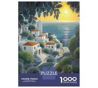 Puzzles De 1000 Pièces Seaside Village at Sunset in Pointillist Style Puzzle Adulte Jeu Manuel Une Œuvre D'art Cadeaux Uniques Pour Anniversaire Et Noël 70x50cm/1000pcs