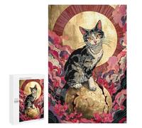 Puzzles for Adults 1000 PCS Puzzles Cat on Golden Orb with Flowers Puzzles for Adults Brain Teaser Game Perfect Decoration Deal As Gifts for The Whole Family 1000 PCS