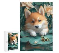 Puzzles for Adults 1000 PCS Puzzles Corgi Puppy with Frog on Lilypad Puzzles for Adults Toy Wall Decor Difficult Hard Help The Brain Exercise 1000 PCS