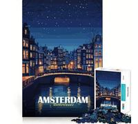 Puzzles for Adults 1000 Piece Amsterdam Netherlands Night Cityscape Clean Fit Decor Mental Challenge Toy Cozy Time Play Birthday Art Gift (38x52cm)