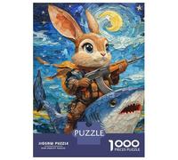 Puzzles for Adults 1000 Piece Armed Rabbit Riding Shark in Starry Night Adult Jigsaw Puzzle Brain Teaser Game But Fun And Humorous Challenging Game Gifts 38x26cm/1000pcs