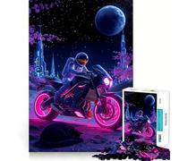 Puzzles for Adults 1000 Piece Astronaut on Neon Motorcycle with Cat Precise Cut Art Brain Skill Play Relax Play Time Christmas Art Gift (38x26cm)