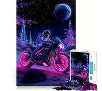 Puzzles for Adults 1000 Piece Astronaut on Neon Motorcycle with Cat Precise Cut Art Brain Skill Play Relax Play Time Christmas Art Gift (50x75cm)