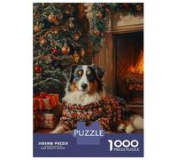 Puzzles for Adults 1000 Piece Australian Shepherd Holiday Art Dog in Sweater by Christmas Tree Jigsaws for Adults Brain Teaser Game Analysis And Logic Fun at Home Activities, 70x50cm/1000pcs