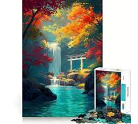 Puzzles for Adults 1000 Piece Autumn Waterfall with Torii Gate Clean Fit Decor Mental Challenge Toy Cozy Time Play Birthday Art Gift (50x75cm)