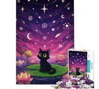 Puzzles for Adults 1000 Piece Black Cat on Lily Pad at Night Help The Brain Exercise But Fun And Humorous Toy Wall Decor for And from 14 Years And over (50x75cm)
