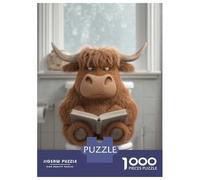 Puzzles for Adults 1000 Piece Cartoon Highland Cow Reading on Toilet Teenager Puzzles Brain Teaser Game Home Decoration Fun at Home Activities, 70x50cm/1000pcs