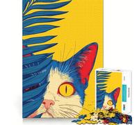 Puzzles for Adults 1000 Piece Cat Peeking Behind Palm Leaf Neat Edge Decor Mental Challenge Toy Chill Time Play Christmas Art Gift (50x75cm)