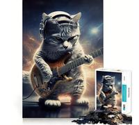 Puzzles for Adults 1000 Piece Cat Playing Guitar Neat Edge Decor Mental Challenge Toy Chill Time Play Christmas Art Gift (38x26cm)