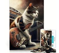 Puzzles for Adults 1000 Piece Cat Playing Guitar Neat Edge Decor Mental Challenge Toy Chill Time Play Christmas Art Gift (38x52cm)