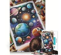 Puzzles for Adults 1000 Piece Child Drawing Planets in Space Neat Edge Decor Mental Challenge Toy Chill Time Play Christmas Art Gift (38x26cm)