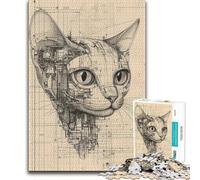 Puzzles for Adults 1000 Piece Cybernetic Cat Portrait Blueprint Cyborg Toy Intellectual Game Analysis And Logic Gift Birthday (38x26cm)